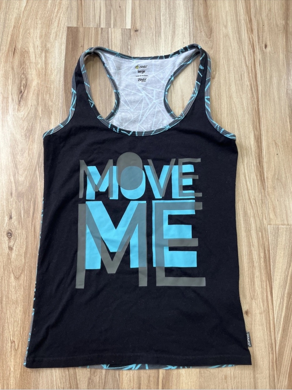 Zumba Fitness Black Tank with Blue MOVE ME Graphic and Trim